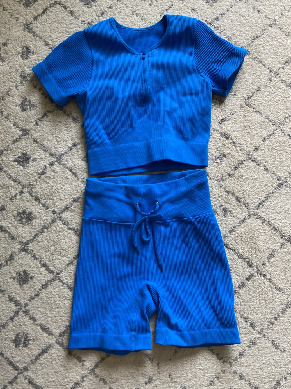 Matching Active Set: Cobalt Blue Short Sleeve Zip-Front Crop Tee and Shorts